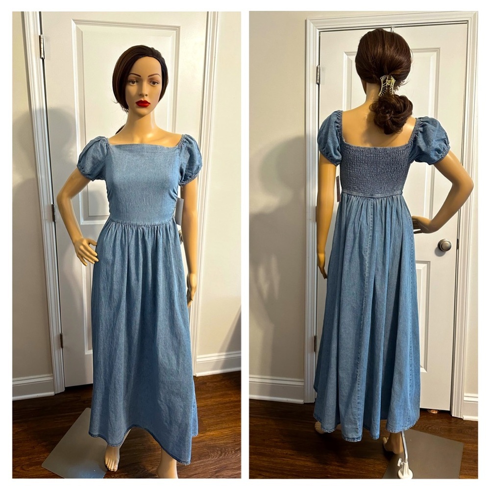 Blue Puff-Sleeve Maxi Dress with Smocked Back